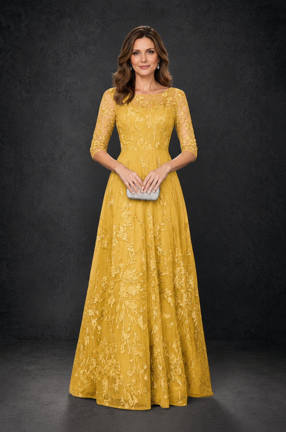 BOLODOO Mustard Yellow Illusion Bateau Neck 3/4 Sleeve Floral Lace A-Line Mother of the Bride Dress MX007 - Mustard Yellow - Mustard_Yellow_4