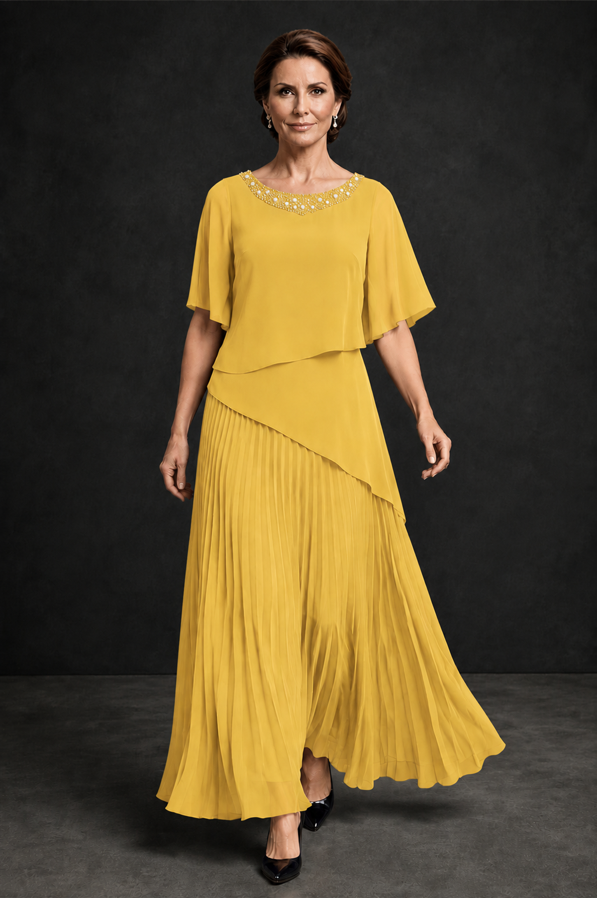 BOLODOO Mustard Yellow Pearl Beaded Neck Asymmetric Tiered Flutter Sleeve Pleated Chiffon Maxi Dress - Mustard Yellow - Mustard_Yellow_4