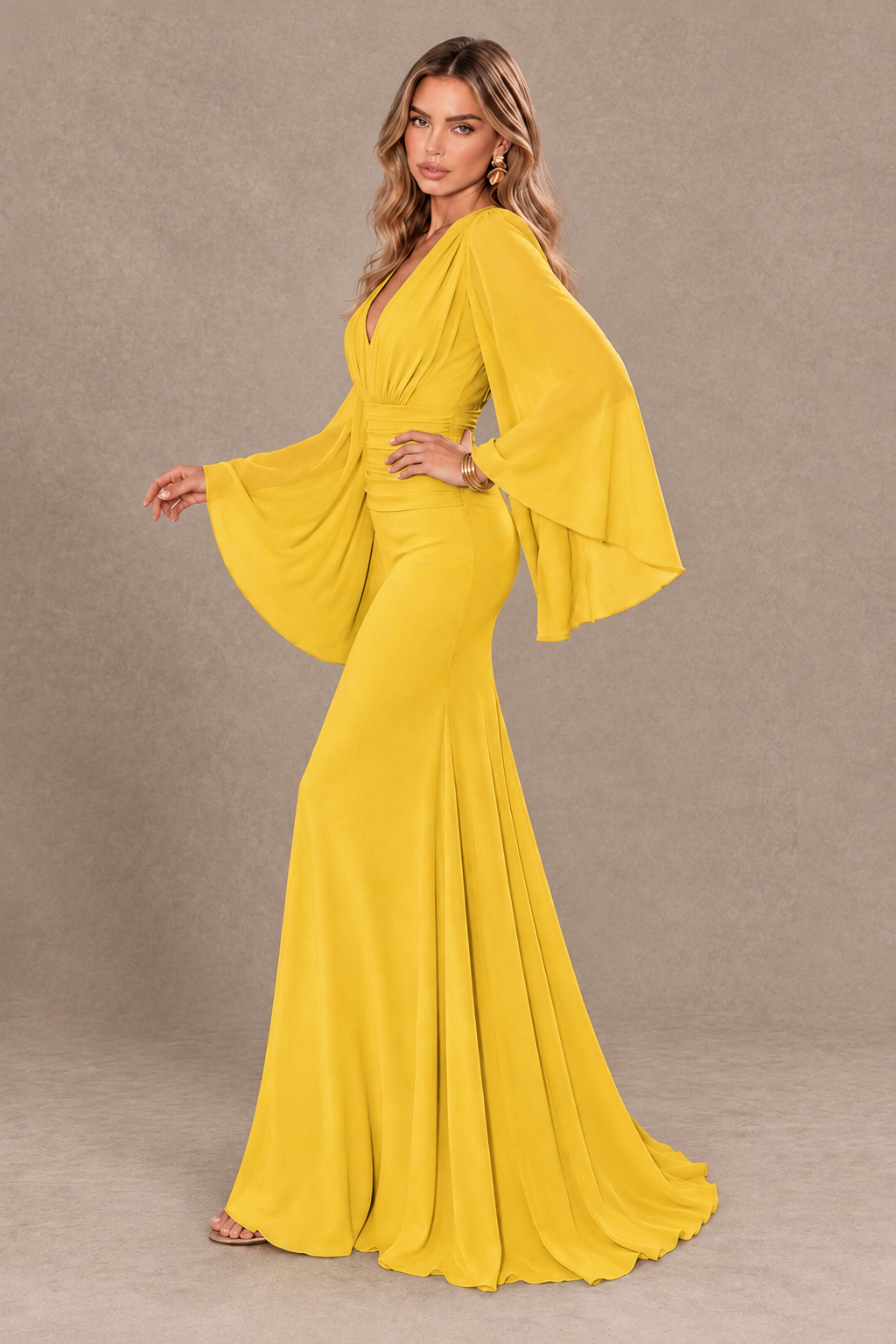 BOLODOO Mustard Yellow Cape Sleeve V-Neck Ruched Chiffon Evening Dress - Mustard Yellow - Mustard_Yellow_4