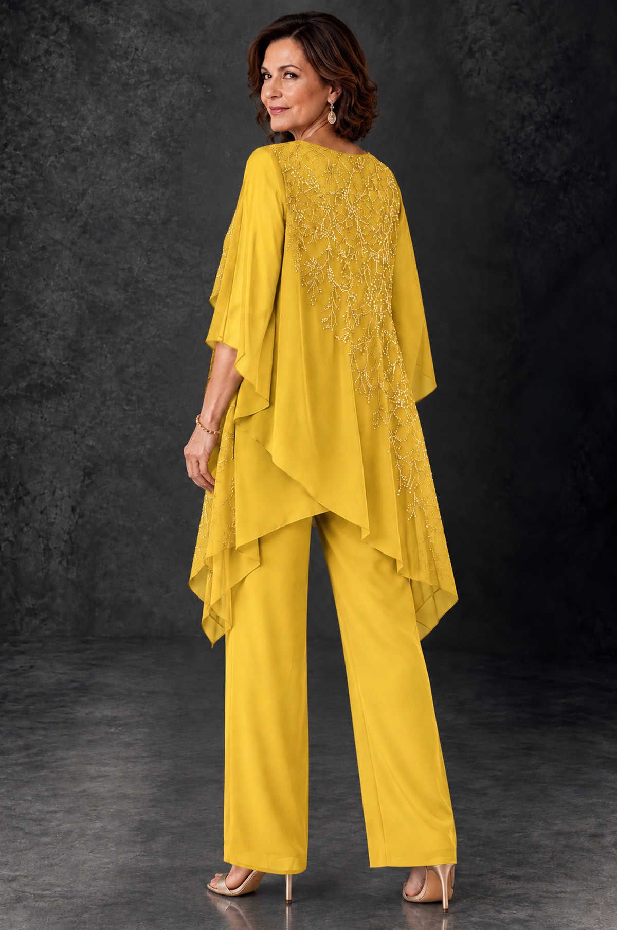 BOLODOO Mustard Yellow Embellished Cape Pant Suit for Mother of the Bride - Mustard Yellow - Mustard_Yellow_4