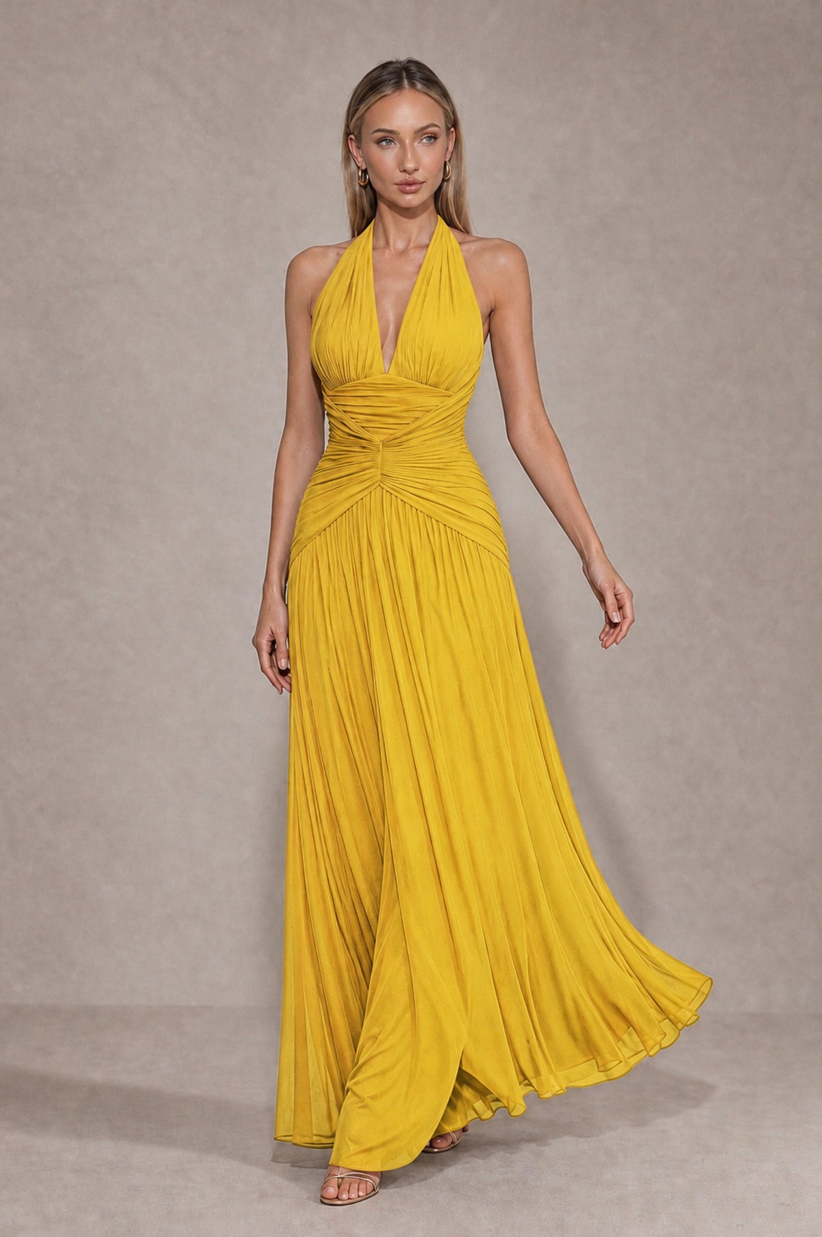 BOLODOO Mustard Yellow Chiffon Halter Deep V-Neck Ruched A-Line Backless Maxi Dress with Train-BD0167 - Mustard Yellow - Mustard Yellow_4