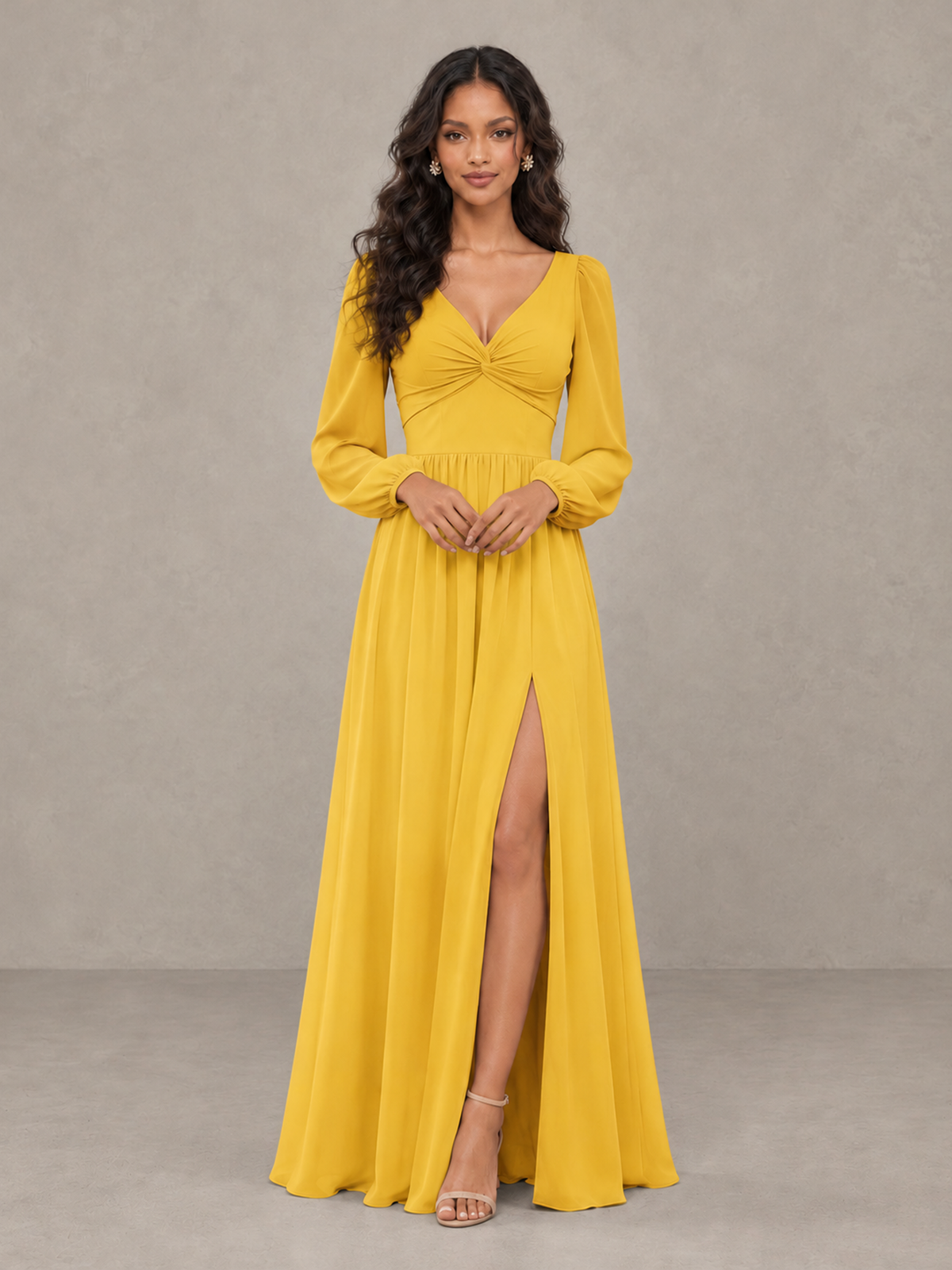 BOLODOO Mustard Yellow V-Neck Long Sleeve Bridesmaid Dress with Tie Back and Slit - Mustard Yellow - Mustard Yellow_5