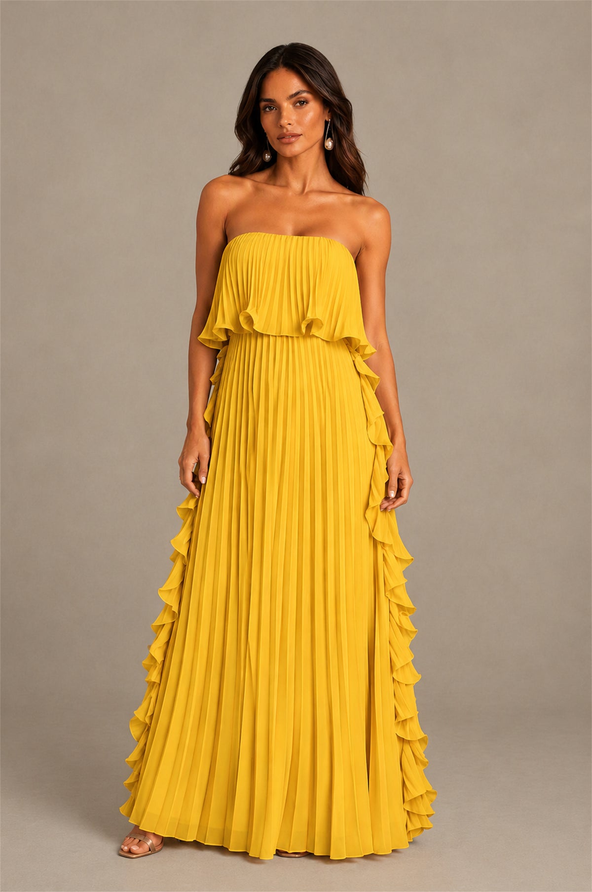 BOLODOO Mustard Yellow Strapless Ruffle Bodice Dual Cascading Ruffle Accordion Pleated Chiffon Maxi Dress - Mustard Yellow