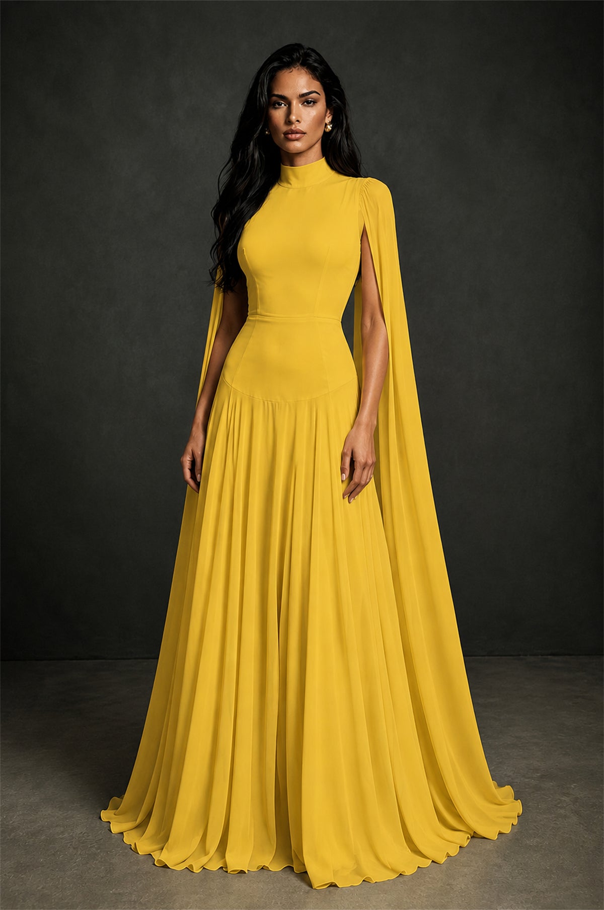 BOLODOO Mustard Yellow Mock Neck Cape Sleeve A-Line Chiffon Maxi Dress - Mustard Yellow - Mustard Yellow (1)