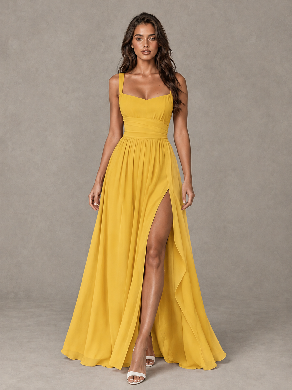 BOLODOO Mustard Yellow A-Line Bridesmaid Dress with High Slit & Lace-Up Back - Mustard Yellow - Mustard Yellow (1)