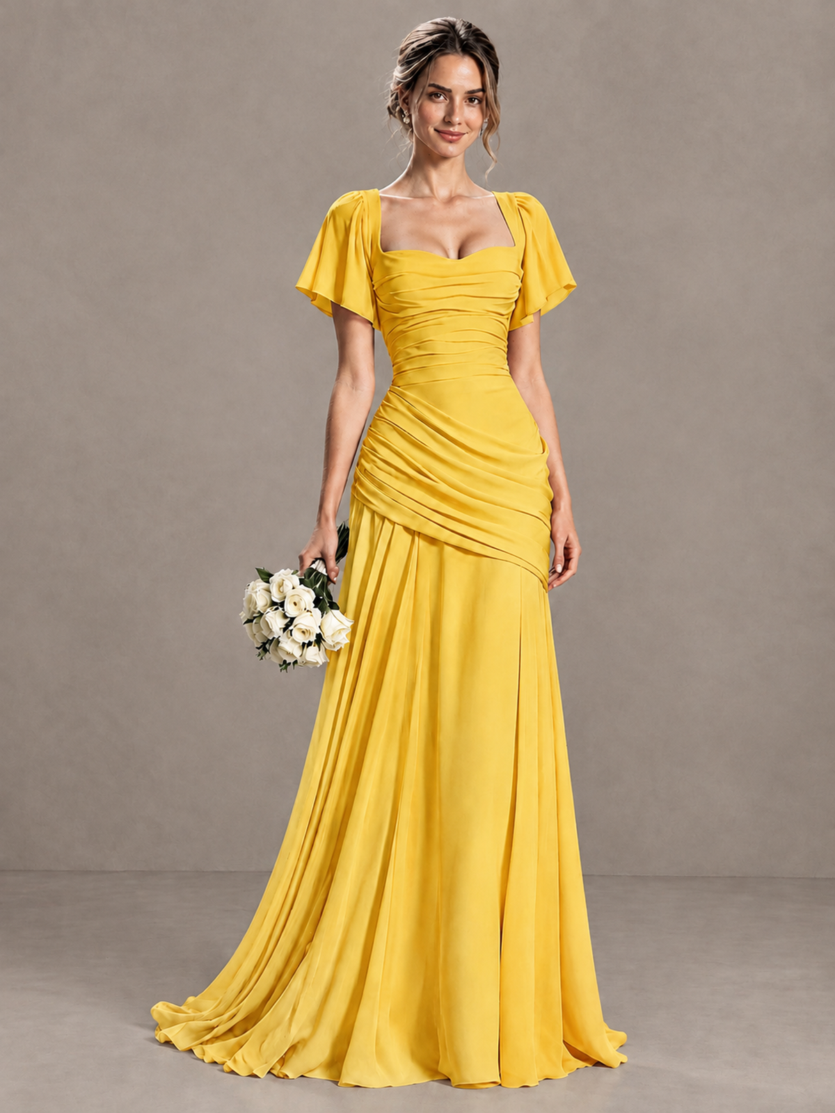 BOLODOO Mustard Yellow Flutter Sleeve Lace-Up Back Maxi Dress - Mustard Yellow - Mustard Yellow (1)