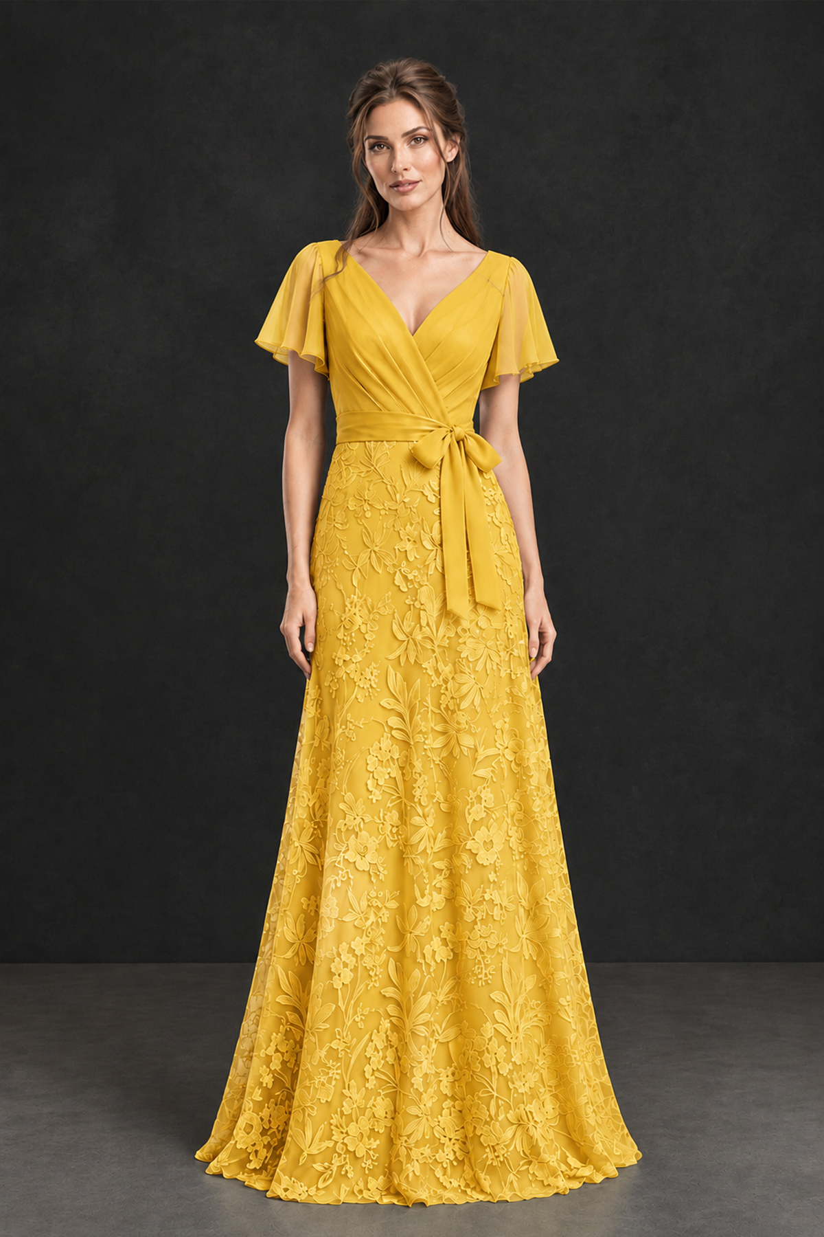 BOLODOO Mustard Yellow Flutter Sleeve Lace Mother of the Bride Dress - Mustard Yellow