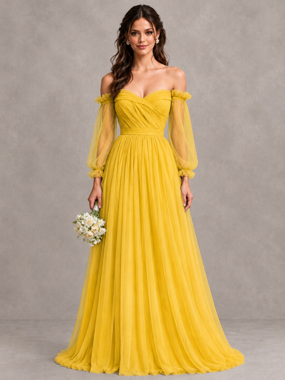 BOLODOO Mustard Yellow Off-the-Shoulder Long Sleeve A-Line Bridesmaid Dress - Mustard Yellow - Mustard Yellow (1)
