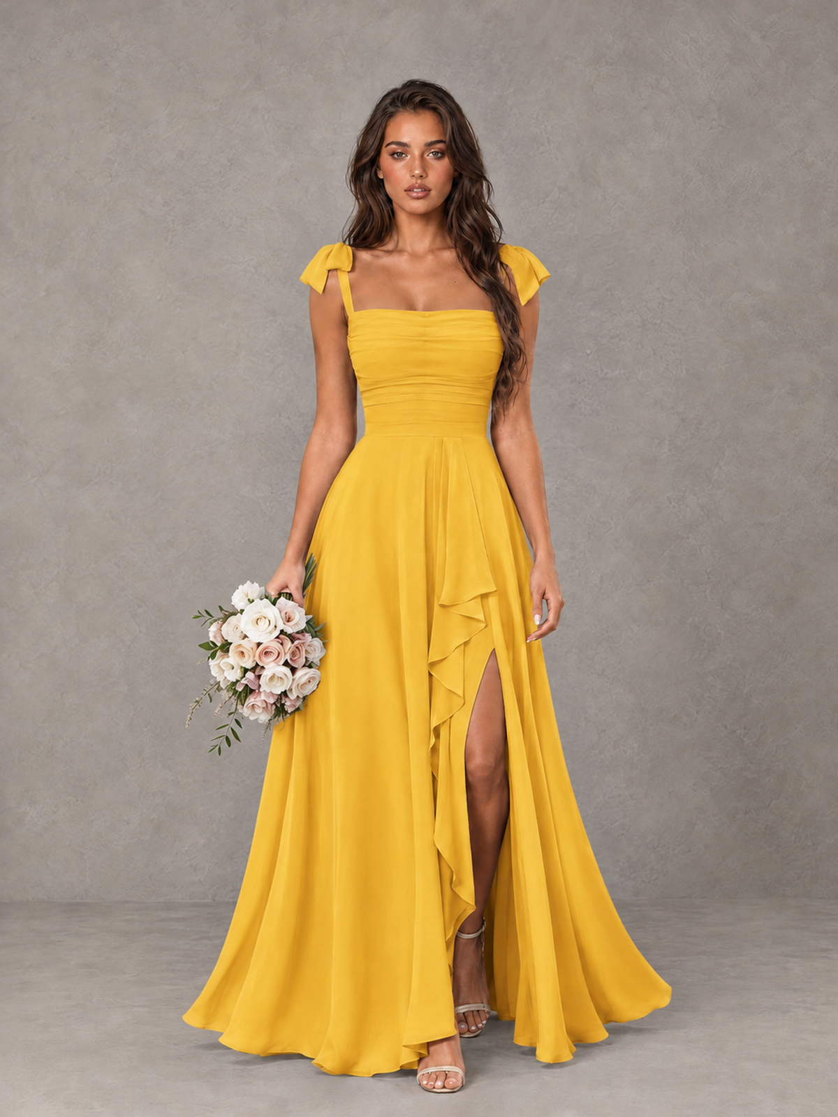 BOLODOO Mustard Yellow Bow-Strap Bridesmaid Dress with Ruffle Slit - Mustard Yellow - Mustard Yellow (1)