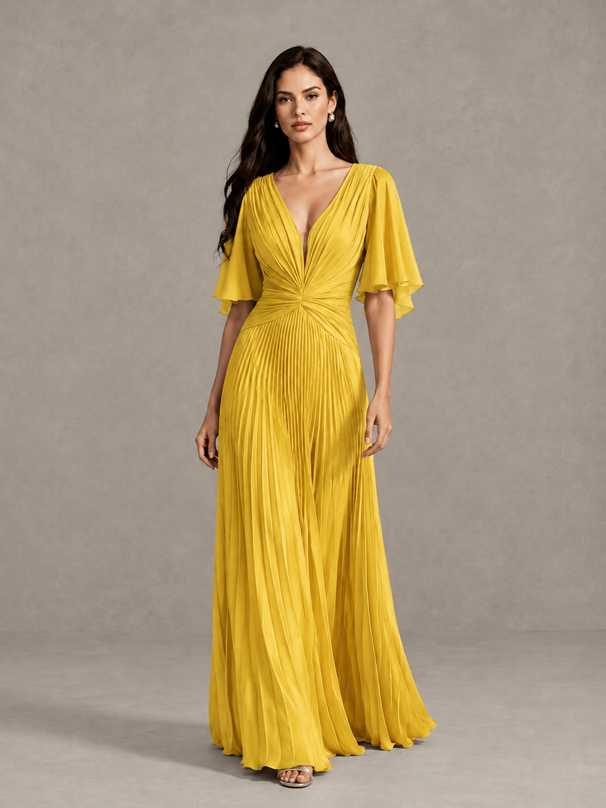 BOLODOO Mustard Yellow Pleated V-Neck Flutter Sleeve Bridesmaid Dress - Mustard Yellow - Mustard Yellow (1)