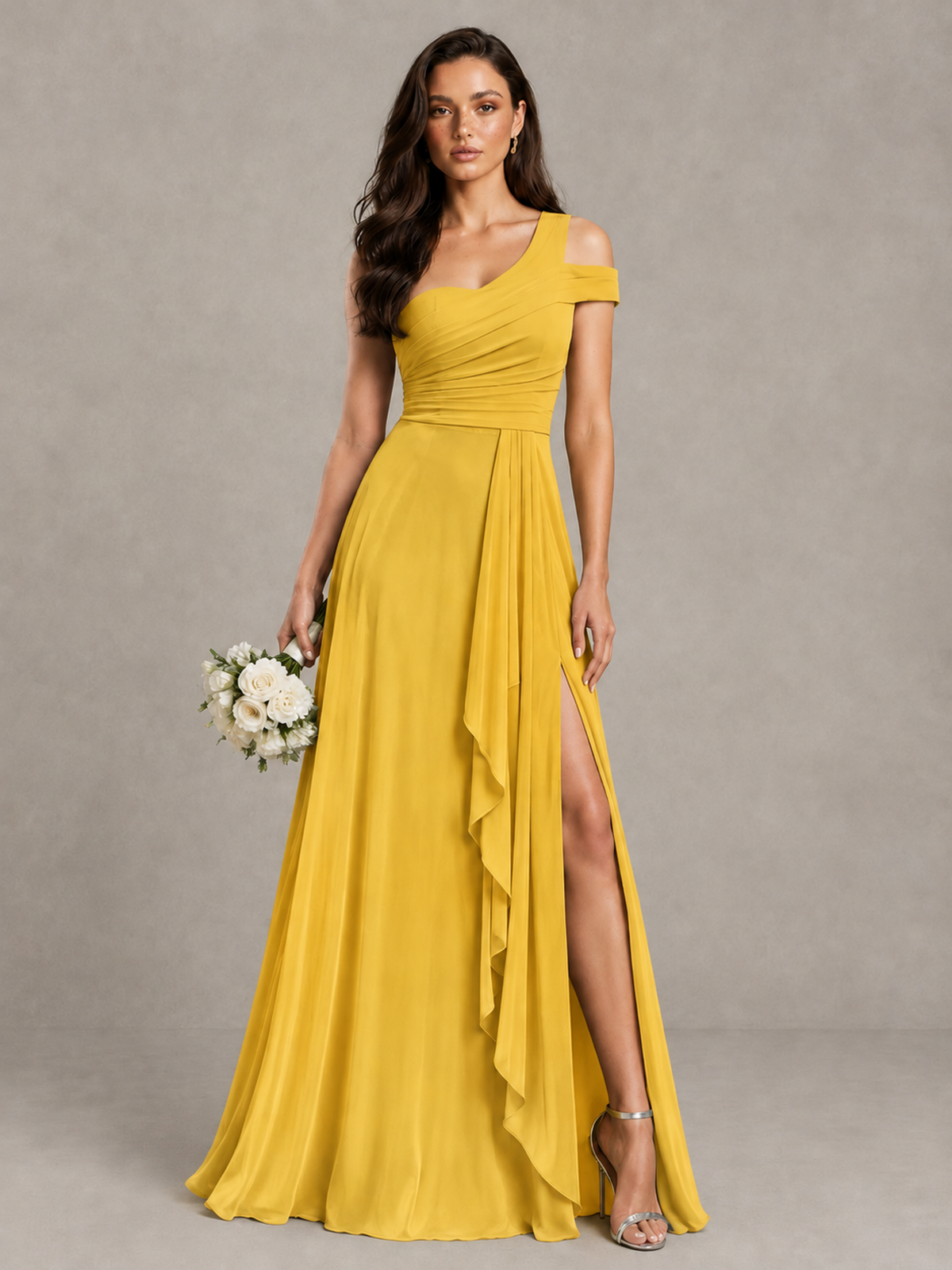 BOLODOO Mustard Yellow One-Shoulder Bridesmaid Dress with Side Slit - Mustard Yellow - Mustard Yellow (1)