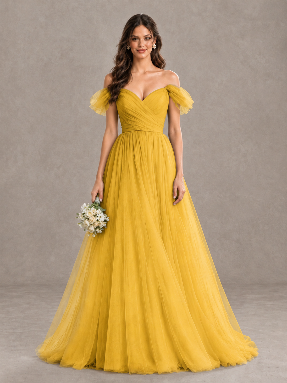 BOLODOO Mustard Yellow Off-the-Shoulder Ruffle Sleeve A-Line Bridesmaid Dress - Mustard Yellow - Mustard Yellow (1)