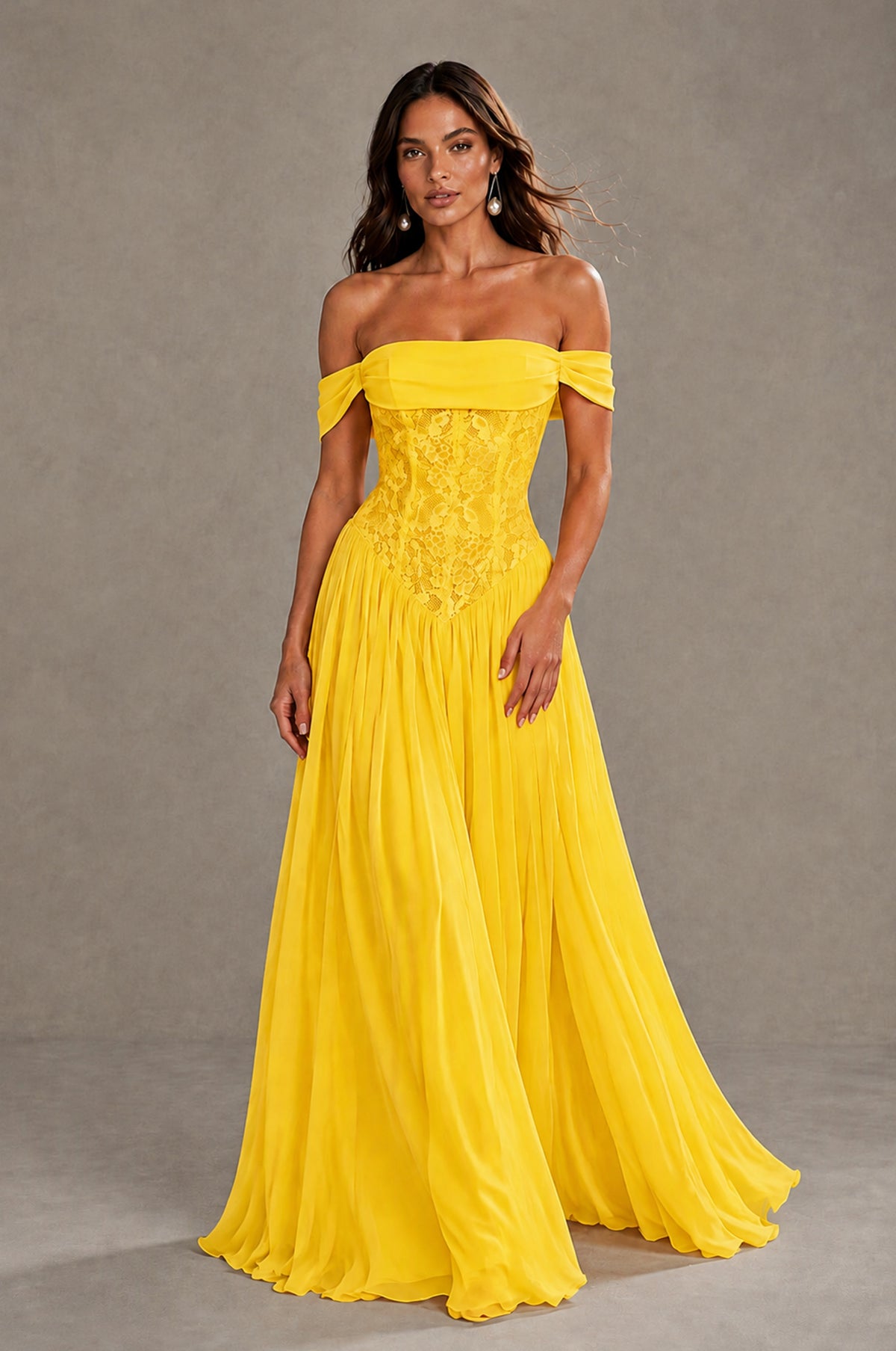 BOLODOO Mustard Yellow Off-Shoulder Lace Corset Tulle Maxi Dress - Mustard Yellow - Mustard Yellow (1)