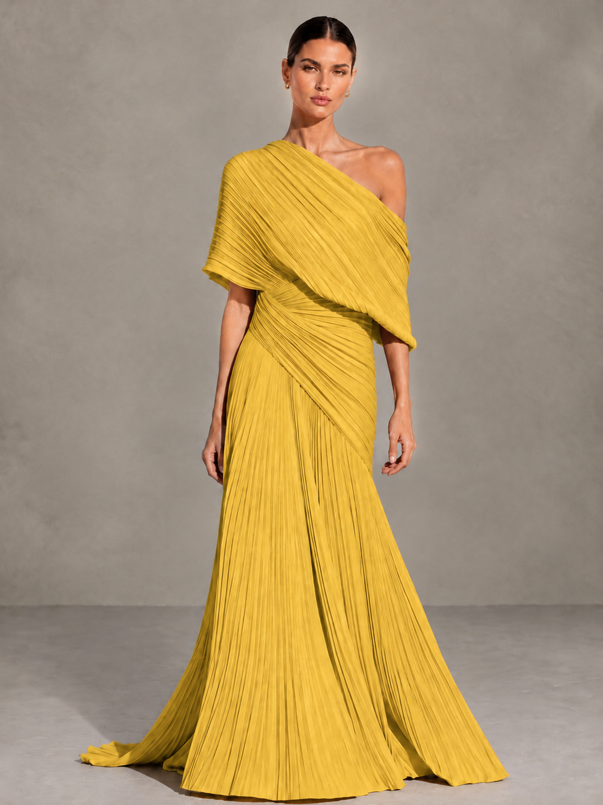 BOLODOO Mustard Yellow One-Shoulder Pleated Cape Evening Gown with Train - Mustard Yellow - Mustard Yellow (1)