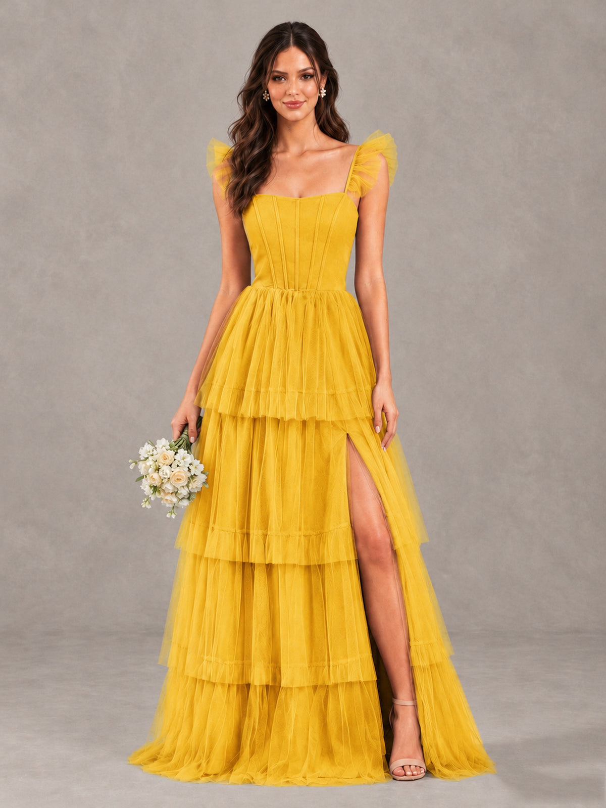 BOLODOO Mustard Yellow Tiered Tulle Bridesmaid Dress with Slit - Mustard Yellow - Mustard Yellow (1)