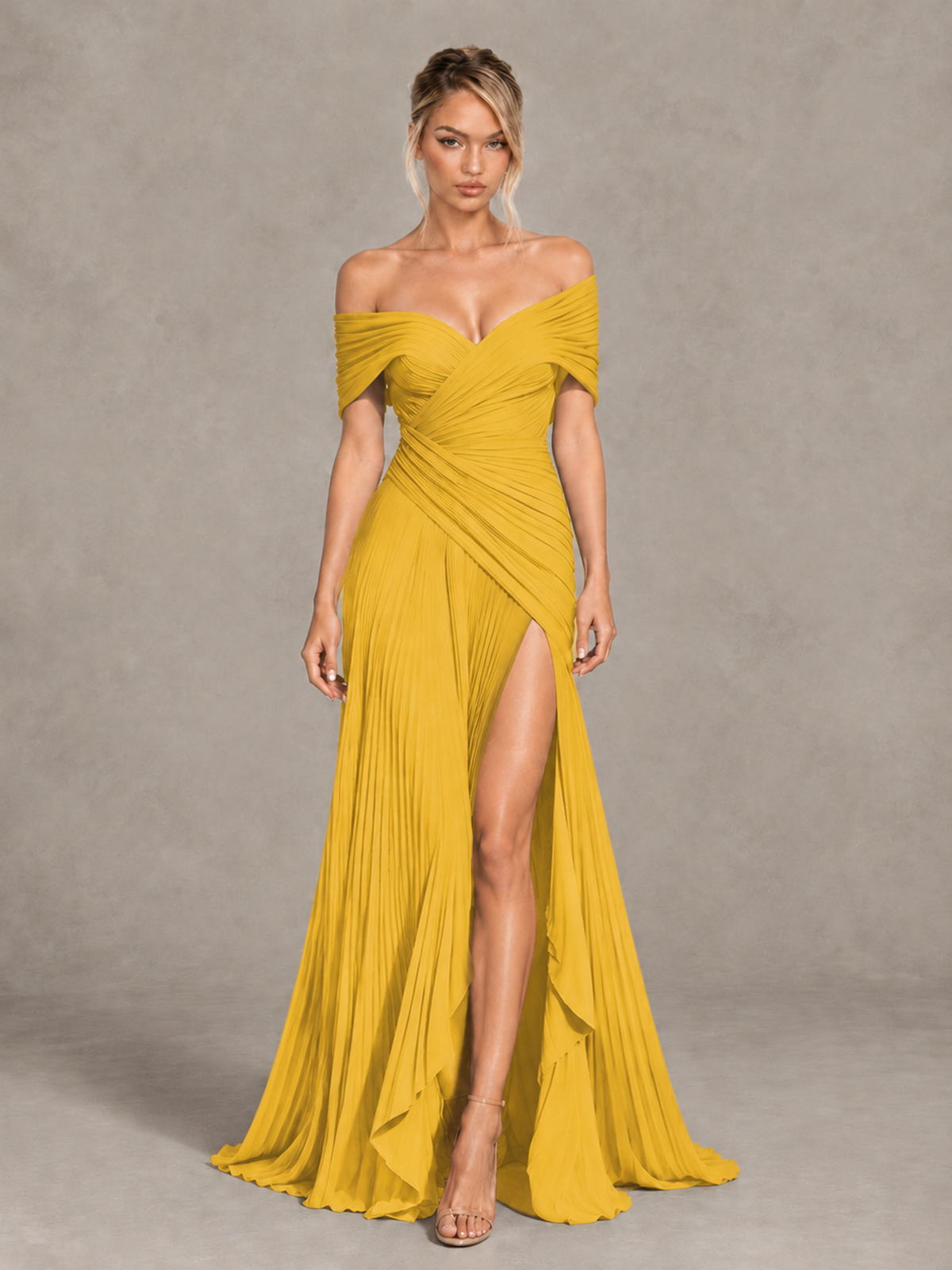 BOLODOO Mustard Yellow Off-Shoulder Ruched Pleated Maxi Dress with High Slit - Mustard Yellow - Mustard Yellow (1)