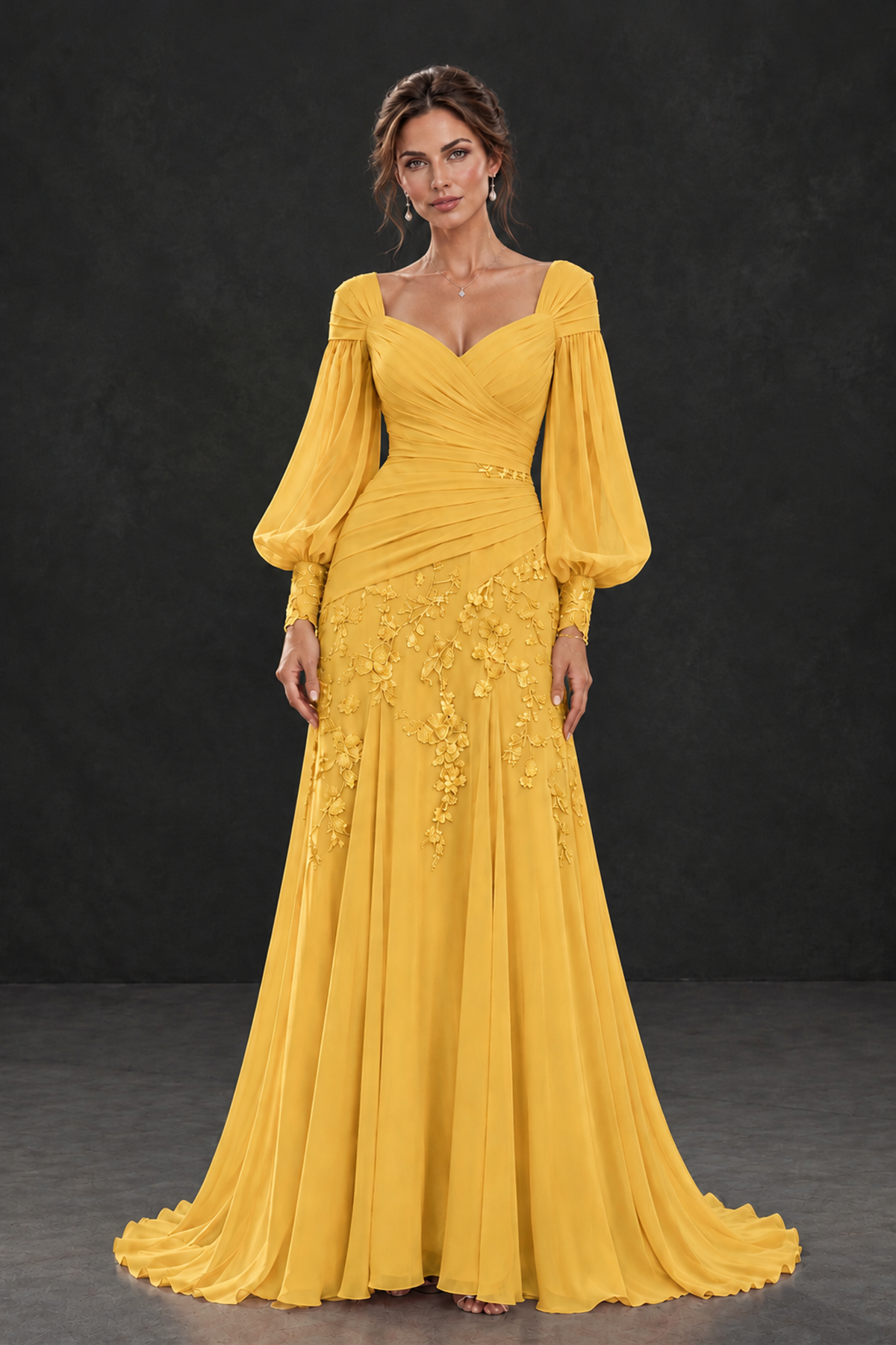 BOLODOO Mustard Yellow Long Sleeve Mother of the Bride Dress with Floral Appliqués - Mustard Yellow - Mustard Yellow (1)