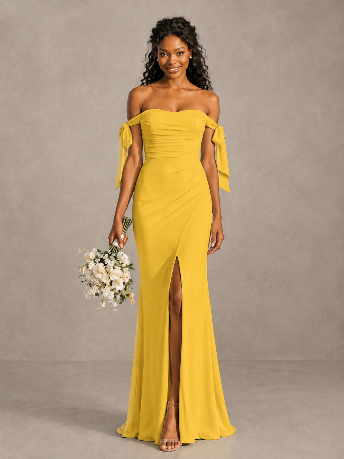 Mustard Yellow Off-Shoulder Bow Bridesmaid Dress with Slit - Mustard Yellow - Mustard Yellow (1)