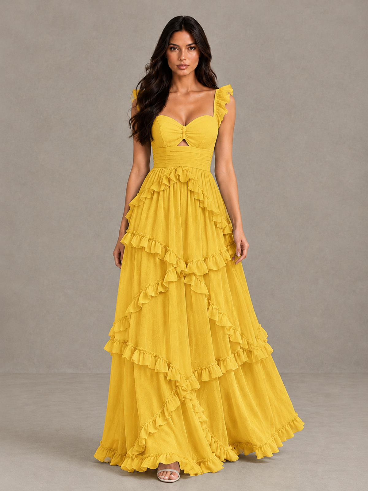 BOLODOO Mustard Yellow Ruffle A-Line Prom Dress with Open Back - Mustard Yellow - Mustard Yellow (1)