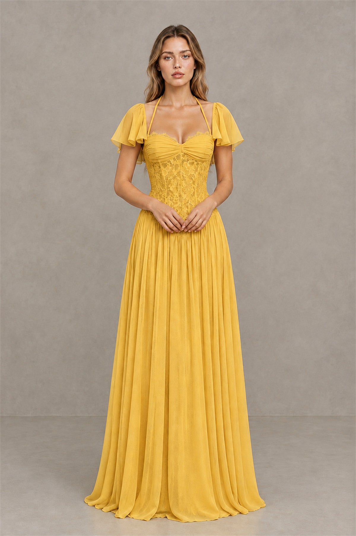 BOLODOO Mustard Yellow Flutter Sleeve Lace Corset A-Line Maxi Dress - Mustard Yellow - Mustard Yellow (1)