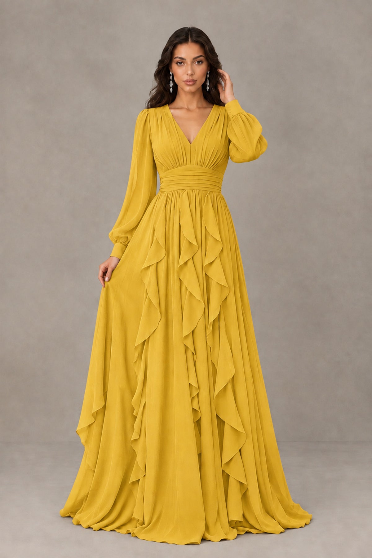 BOLODOO Mustard Yellow Long Sleeve V-Neck Ruffle Maxi Dress - Mustard Yellow - Mustard Yellow (1)