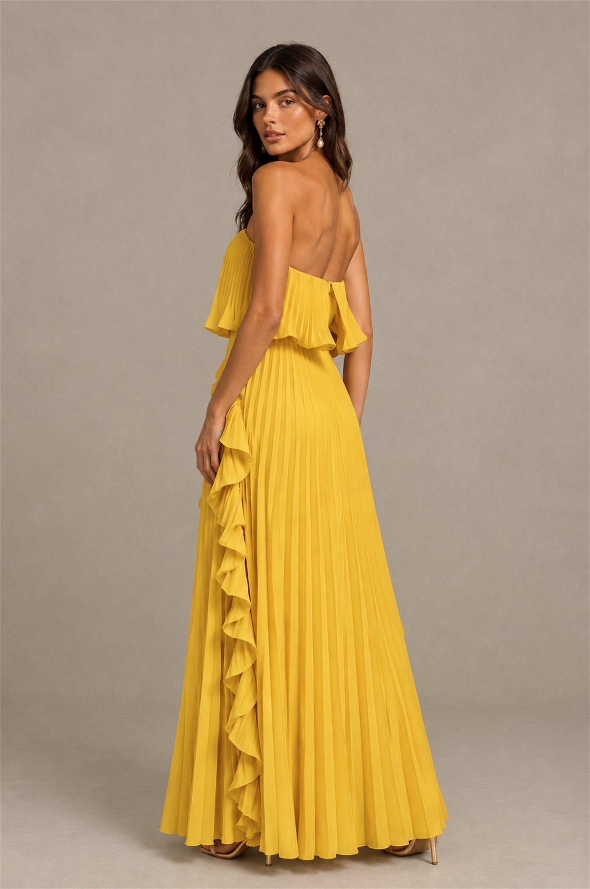 BOLODOO Mustard Yellow Strapless Ruffle Bodice Dual Cascading Ruffle Accordion Pleated Chiffon Maxi Dress - Mustard Yellow