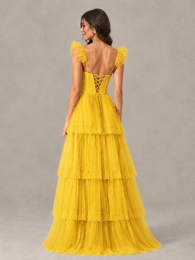 BOLODOO Mustard Yellow Tiered Tulle Bridesmaid Dress with Slit - Mustard Yellow - Mustard Yellow (2)