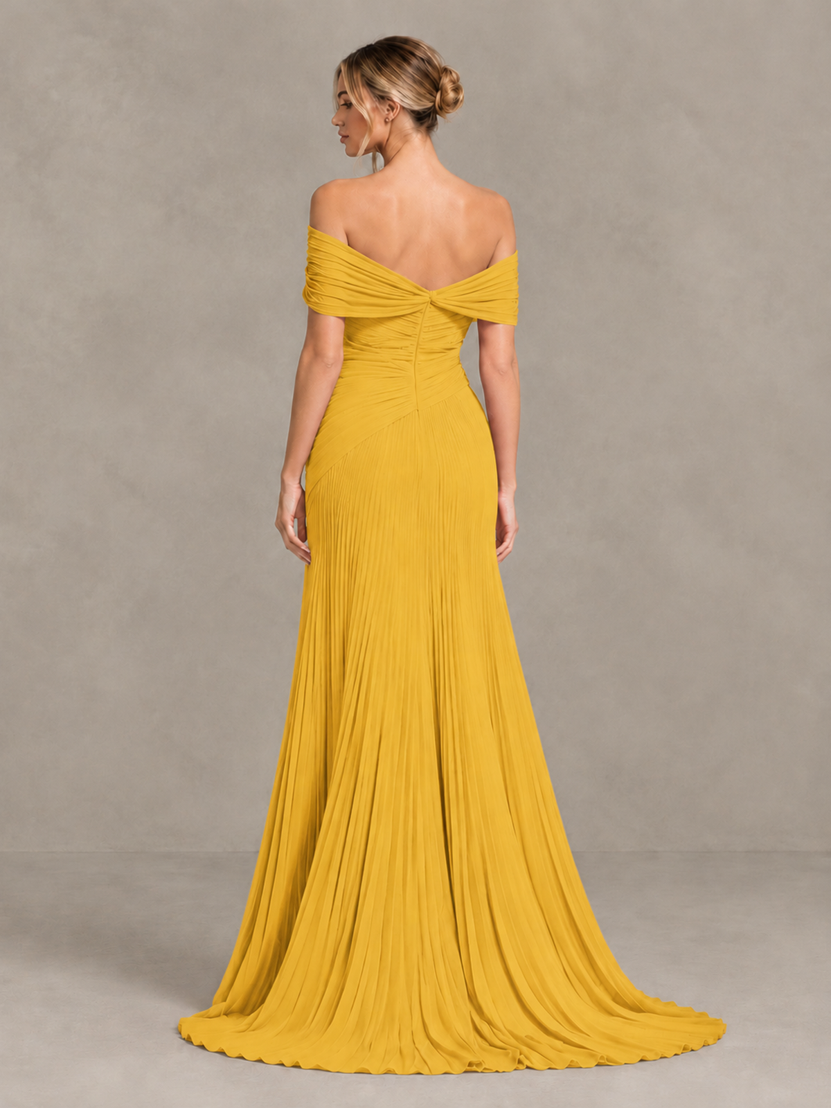 BOLODOO Mustard Yellow Off-Shoulder Ruched Pleated Maxi Dress with High Slit - Mustard Yellow - Mustard Yellow (2)