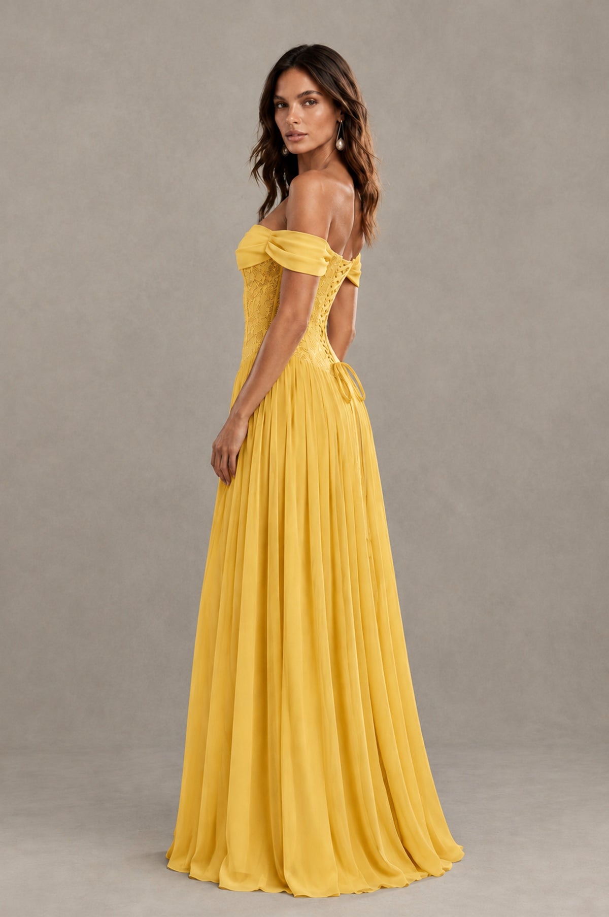BOLODOO Mustard Yellow Off-Shoulder Lace Corset Tulle Maxi Dress - Mustard Yellow - Mustard Yellow (2)