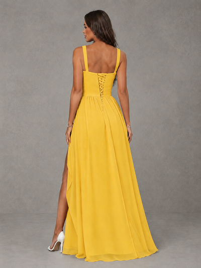 BOLODOO Mustard Yellow A-Line Bridesmaid Dress with High Slit & Lace-Up Back - Mustard Yellow - Mustard Yellow (2)