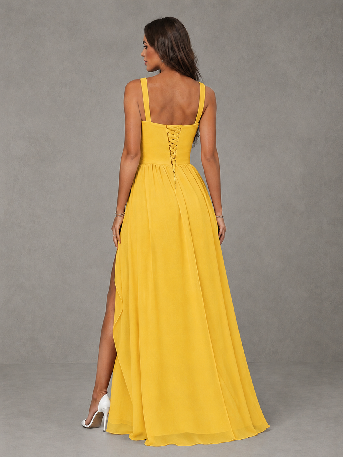 BOLODOO Mustard Yellow A-Line Bridesmaid Dress with High Slit & Lace-Up Back - Mustard Yellow - Mustard Yellow (2)