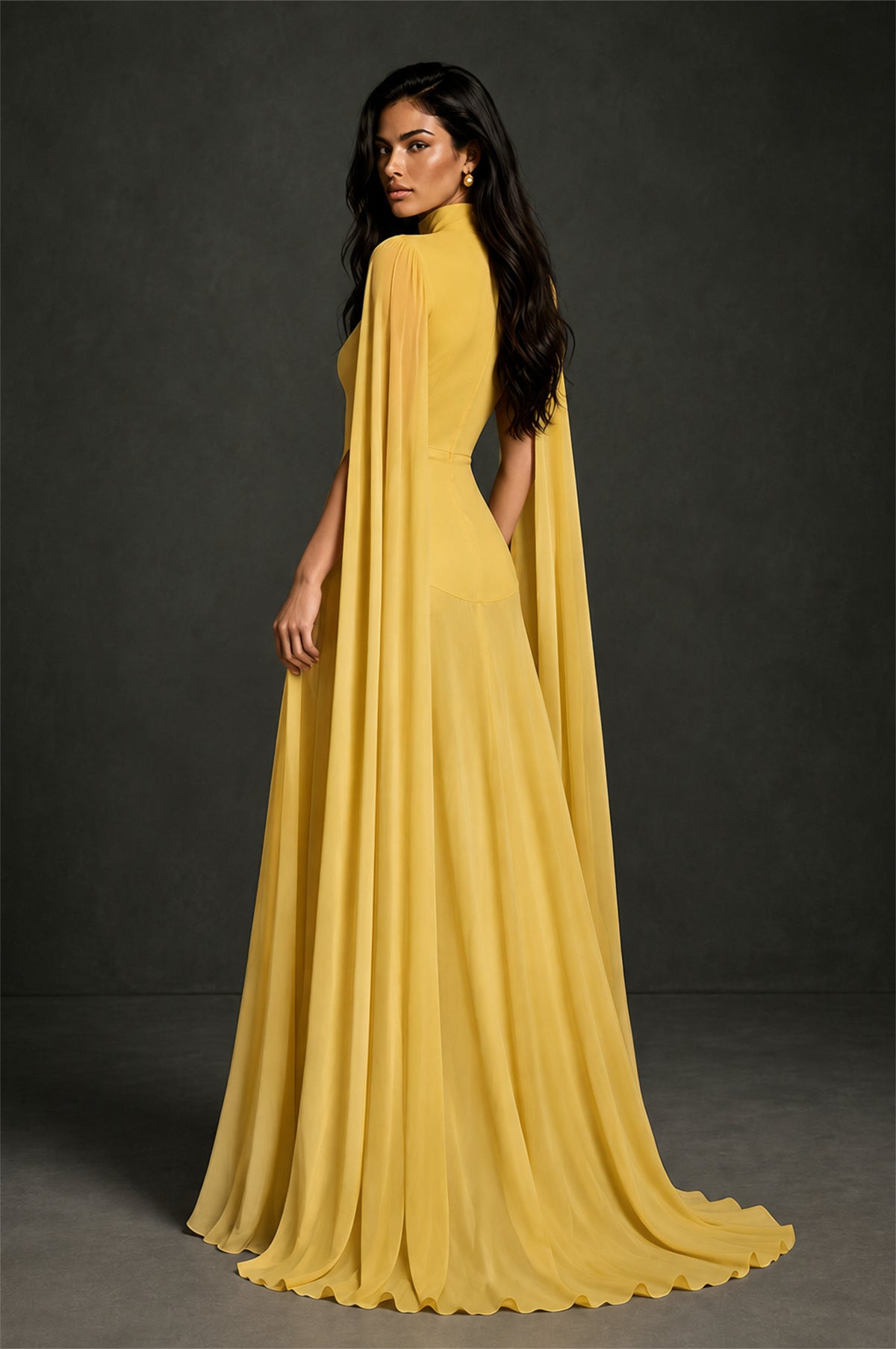 BOLODOO Mustard Yellow Mock Neck Cape Sleeve A-Line Chiffon Maxi Dress - Mustard Yellow - Mustard Yellow (2)