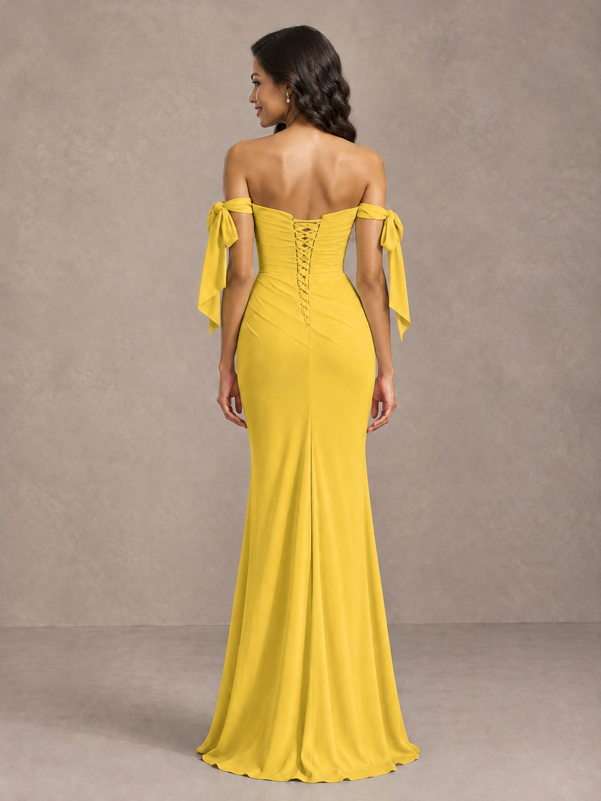 Mustard Yellow Off-Shoulder Bow Bridesmaid Dress with Slit - Mustard Yellow - Mustard Yellow (2)