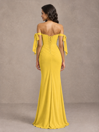 Mustard Yellow Off-Shoulder Bow Bridesmaid Dress with Slit - Mustard Yellow - Mustard Yellow (2)
