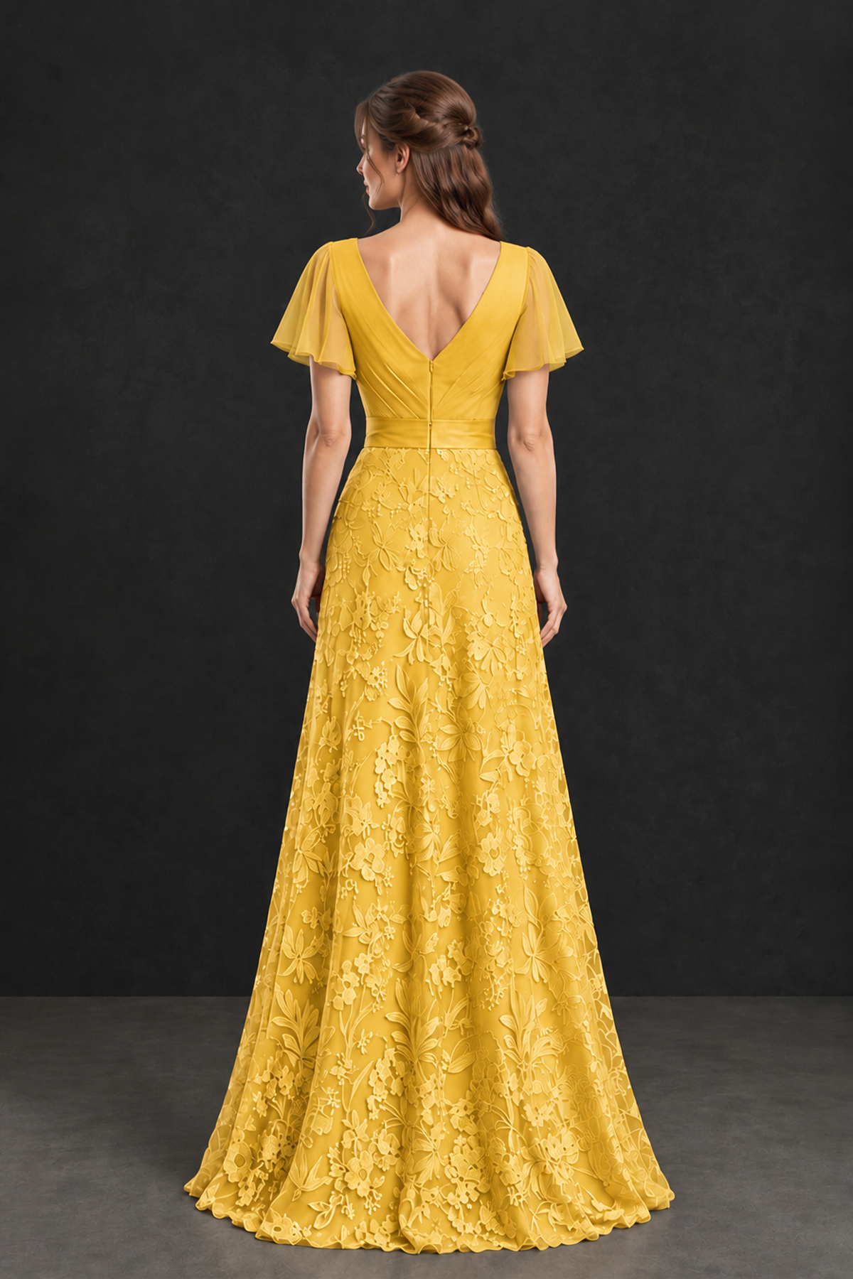 BOLODOO Mustard Yellow Flutter Sleeve Lace Mother of the Bride Dress - Mustard Yellow
