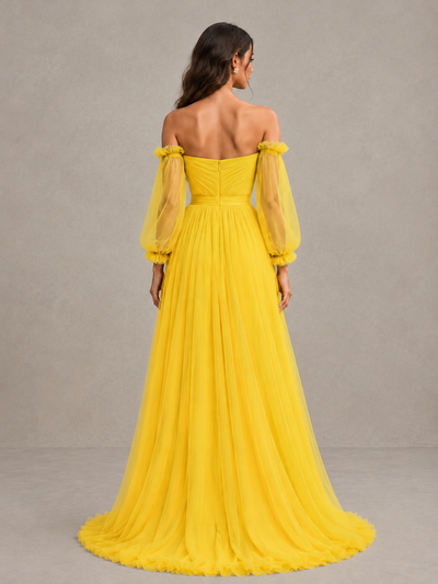 BOLODOO Mustard Yellow Off-the-Shoulder Long Sleeve A-Line Bridesmaid Dress - Mustard Yellow - Mustard Yellow (2)