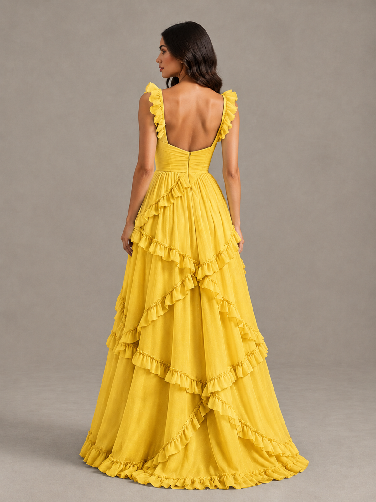 BOLODOO Mustard Yellow Ruffle A-Line Prom Dress with Open Back - Mustard Yellow - Mustard Yellow (2)