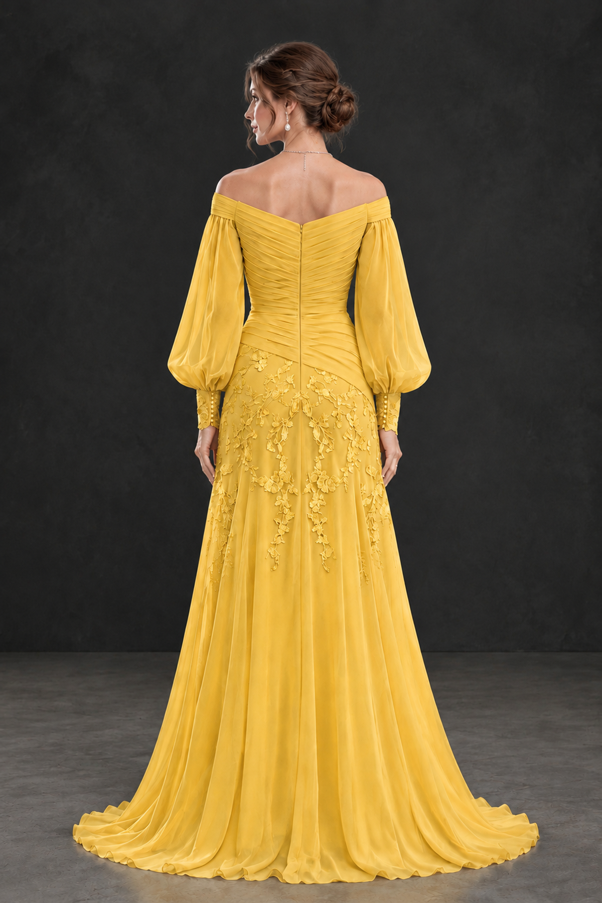 BOLODOO Mustard Yellow Long Sleeve Mother of the Bride Dress with Floral Appliqués - Mustard Yellow - Mustard Yellow (2)