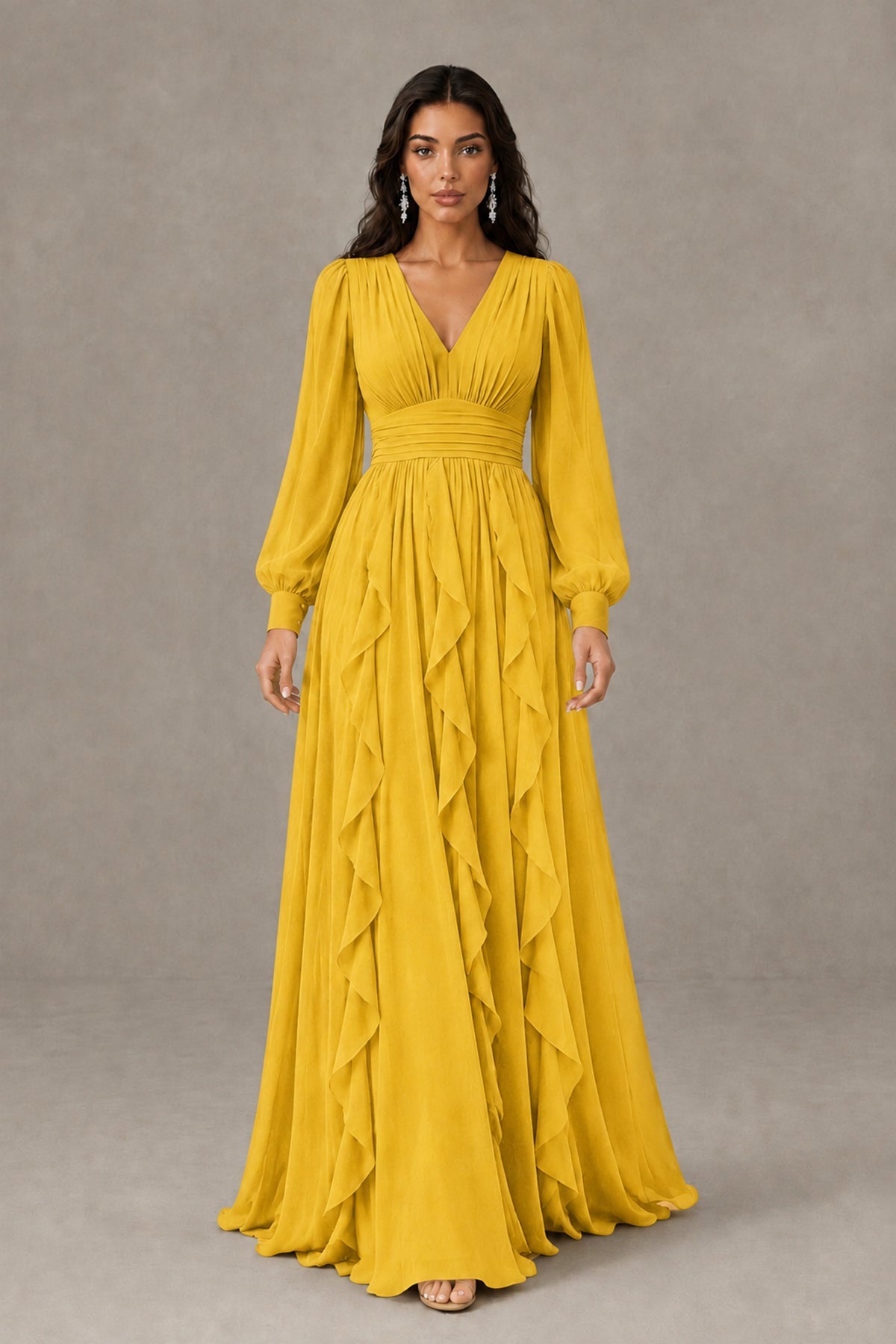 BOLODOO Mustard Yellow Long Sleeve V-Neck Ruffle Maxi Dress - Mustard Yellow - Mustard Yellow (2)
