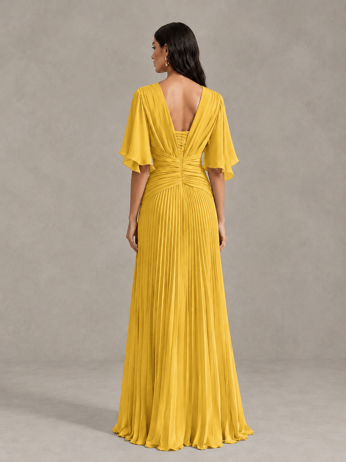 BOLODOO Mustard Yellow Pleated V-Neck Flutter Sleeve Bridesmaid Dress - Mustard Yellow - Mustard Yellow (2)