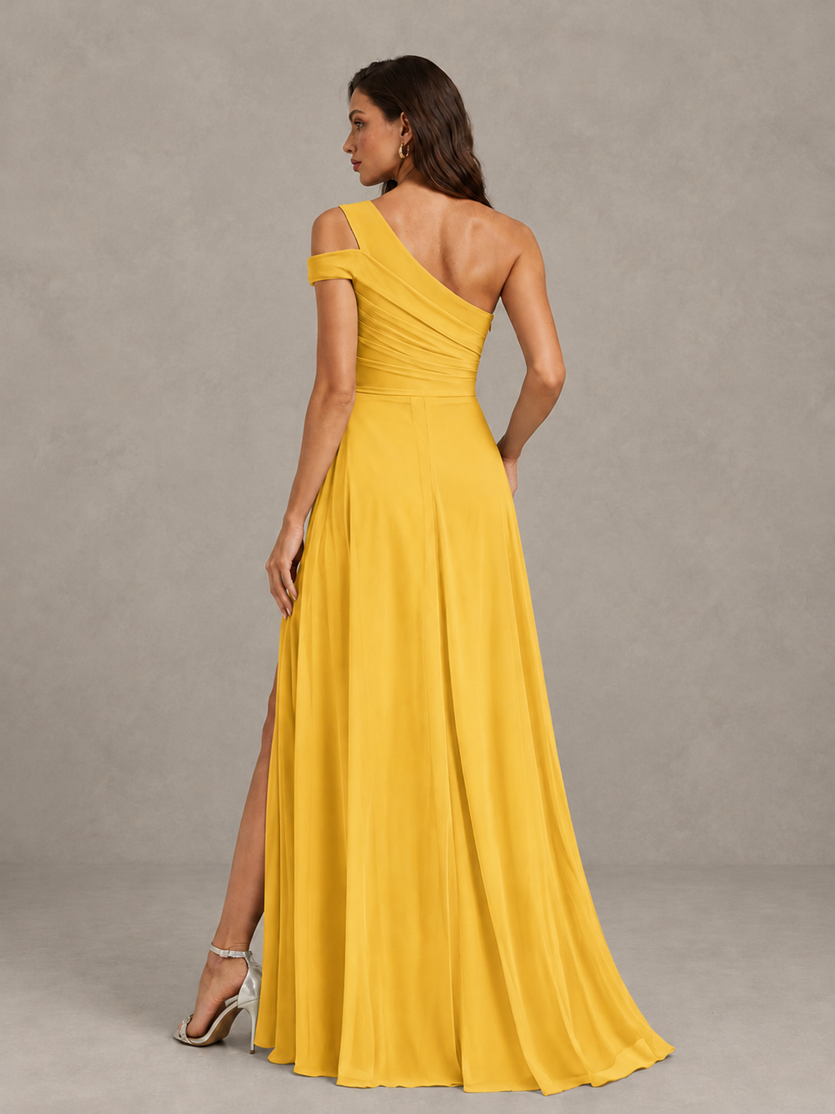 BOLODOO Mustard Yellow One-Shoulder Bridesmaid Dress with Side Slit - Mustard Yellow - Mustard Yellow (2)