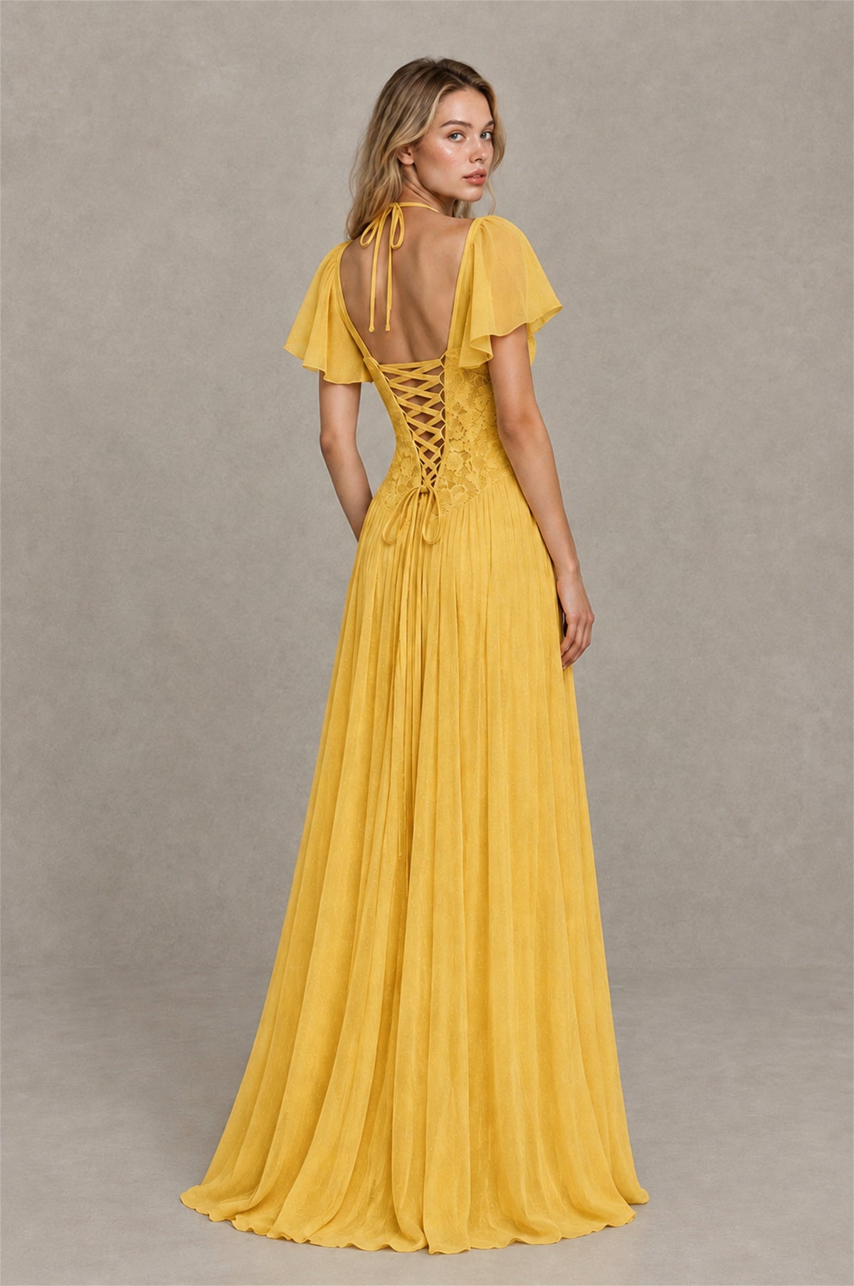 BOLODOO Mustard Yellow Flutter Sleeve Lace Corset A-Line Maxi Dress - Mustard Yellow - Mustard Yellow (2)