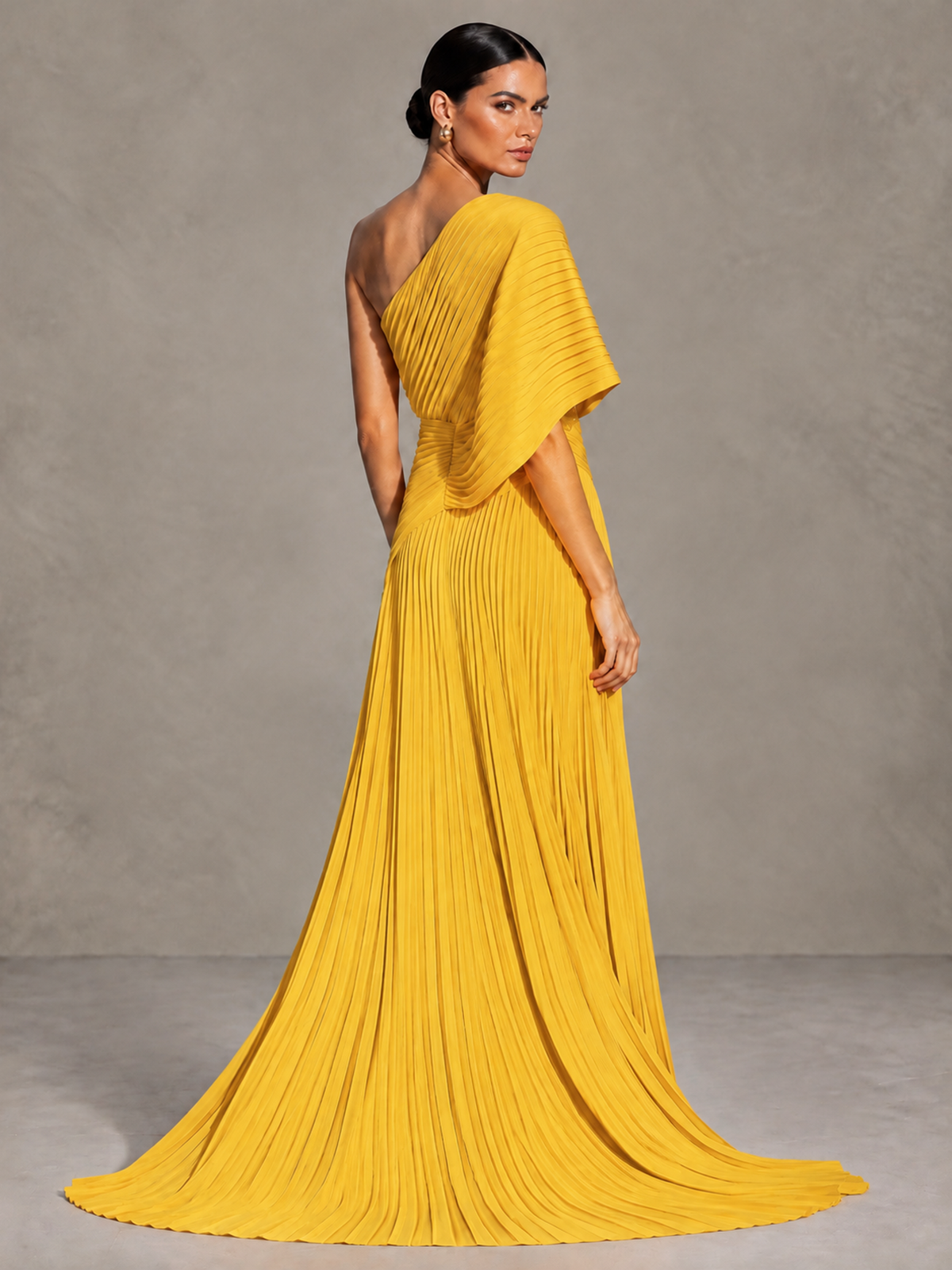 BOLODOO Mustard Yellow One-Shoulder Pleated Cape Evening Gown with Train - Mustard Yellow - Mustard Yellow (2)