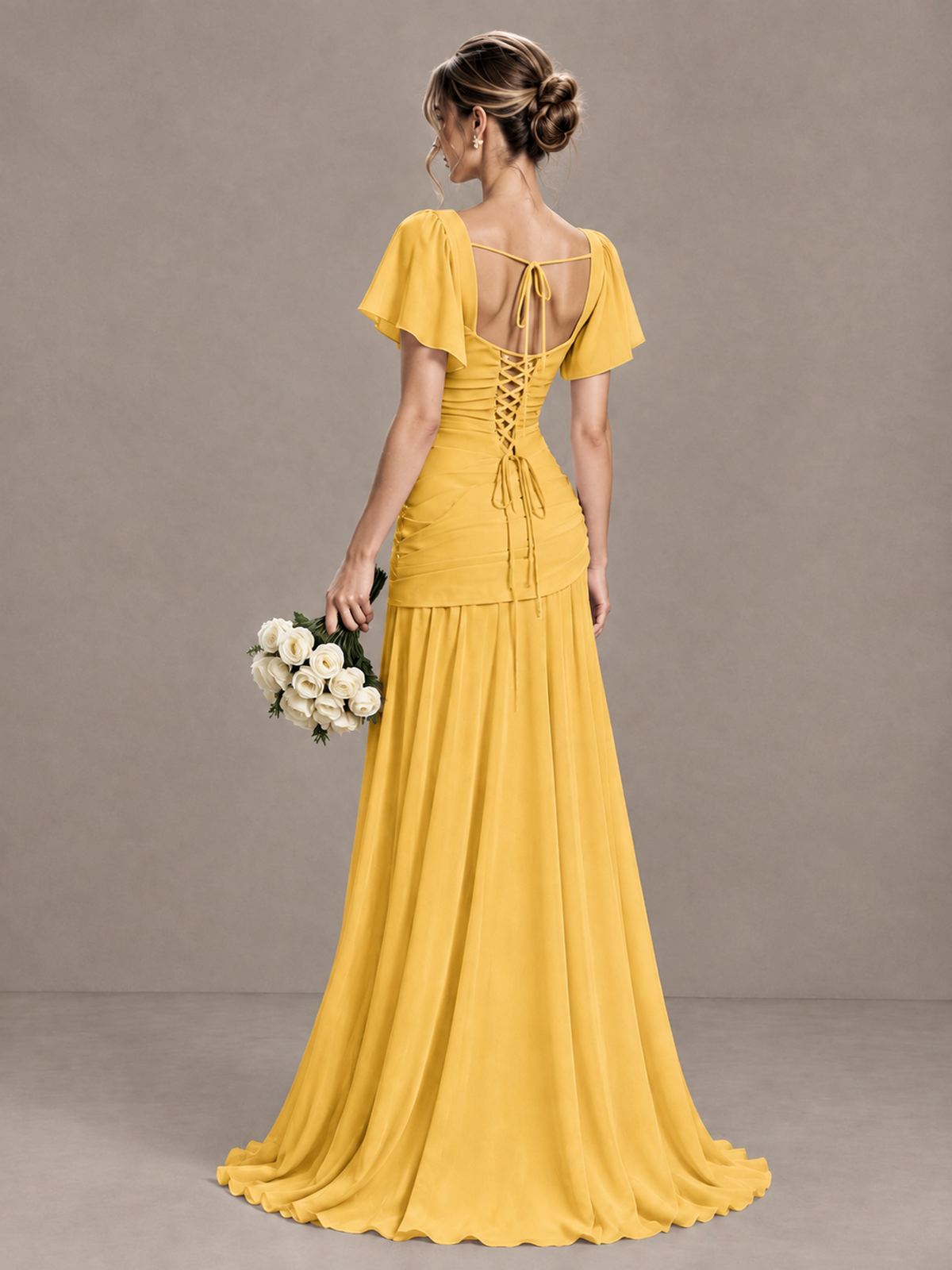 BOLODOO Mustard Yellow Flutter Sleeve Lace-Up Back Maxi Dress - Mustard Yellow - Mustard Yellow (2)