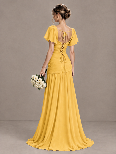 BOLODOO Mustard Yellow Flutter Sleeve Lace-Up Back Maxi Dress - Mustard Yellow - Mustard Yellow (2)