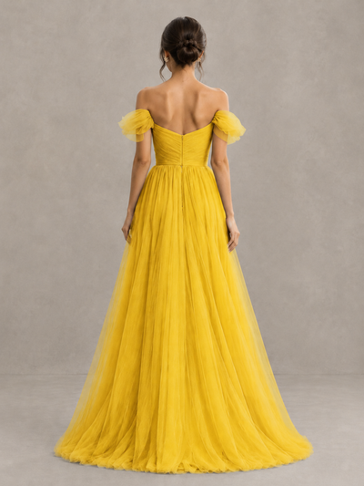 BOLODOO Mustard Yellow Off-the-Shoulder Ruffle Sleeve A-Line Bridesmaid Dress - Mustard Yellow - Mustard Yellow (2)