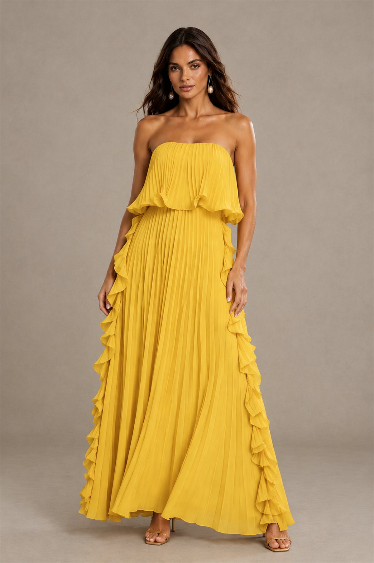 BOLODOO Mustard Yellow Strapless Ruffle Bodice Dual Cascading Ruffle Accordion Pleated Chiffon Maxi Dress - Mustard Yellow