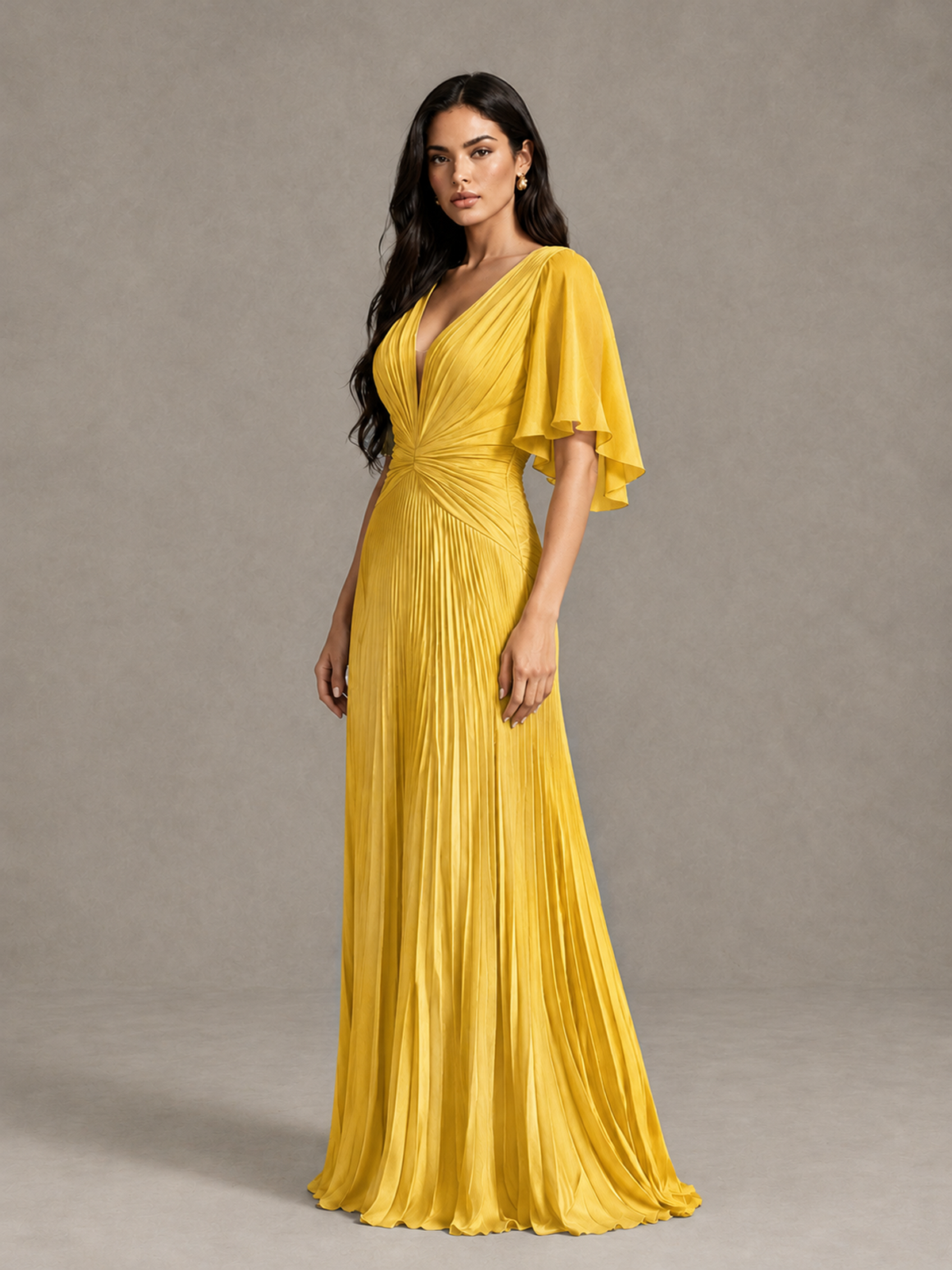 BOLODOO Mustard Yellow Pleated V-Neck Flutter Sleeve Bridesmaid Dress - Mustard Yellow - Mustard Yellow (3)