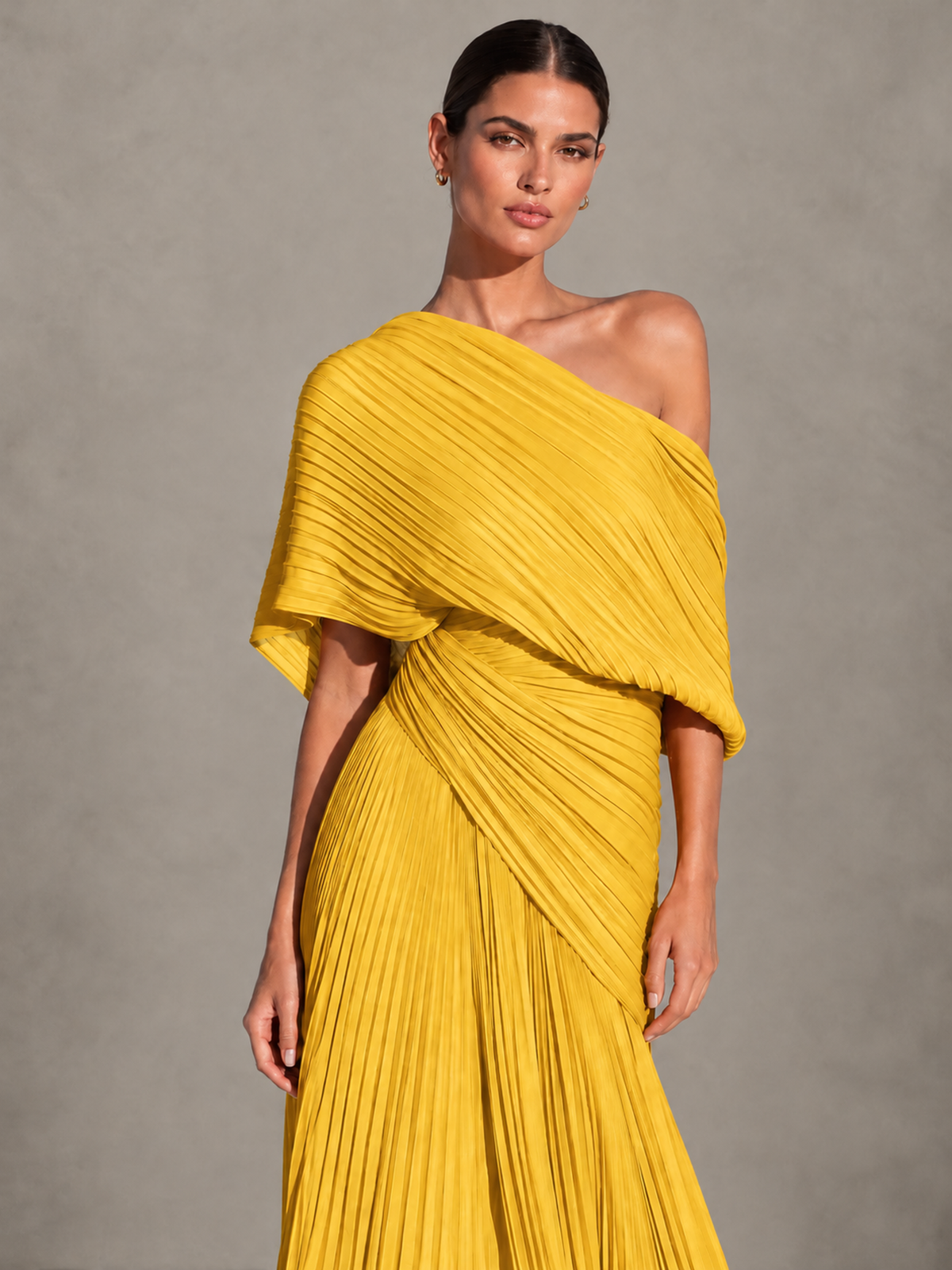 BOLODOO Mustard Yellow One-Shoulder Pleated Cape Evening Gown with Train - Mustard Yellow - Mustard Yellow (3)
