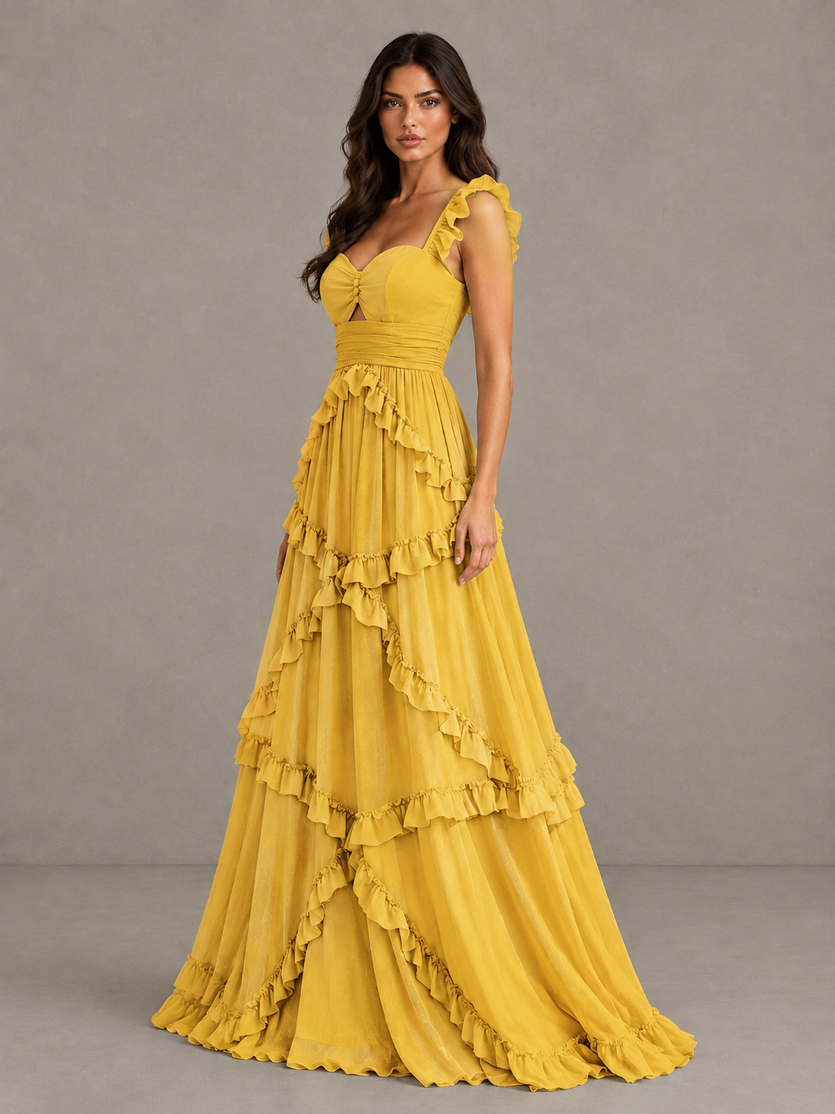 BOLODOO Mustard Yellow Ruffle A-Line Prom Dress with Open Back - Mustard Yellow - Mustard Yellow (3)